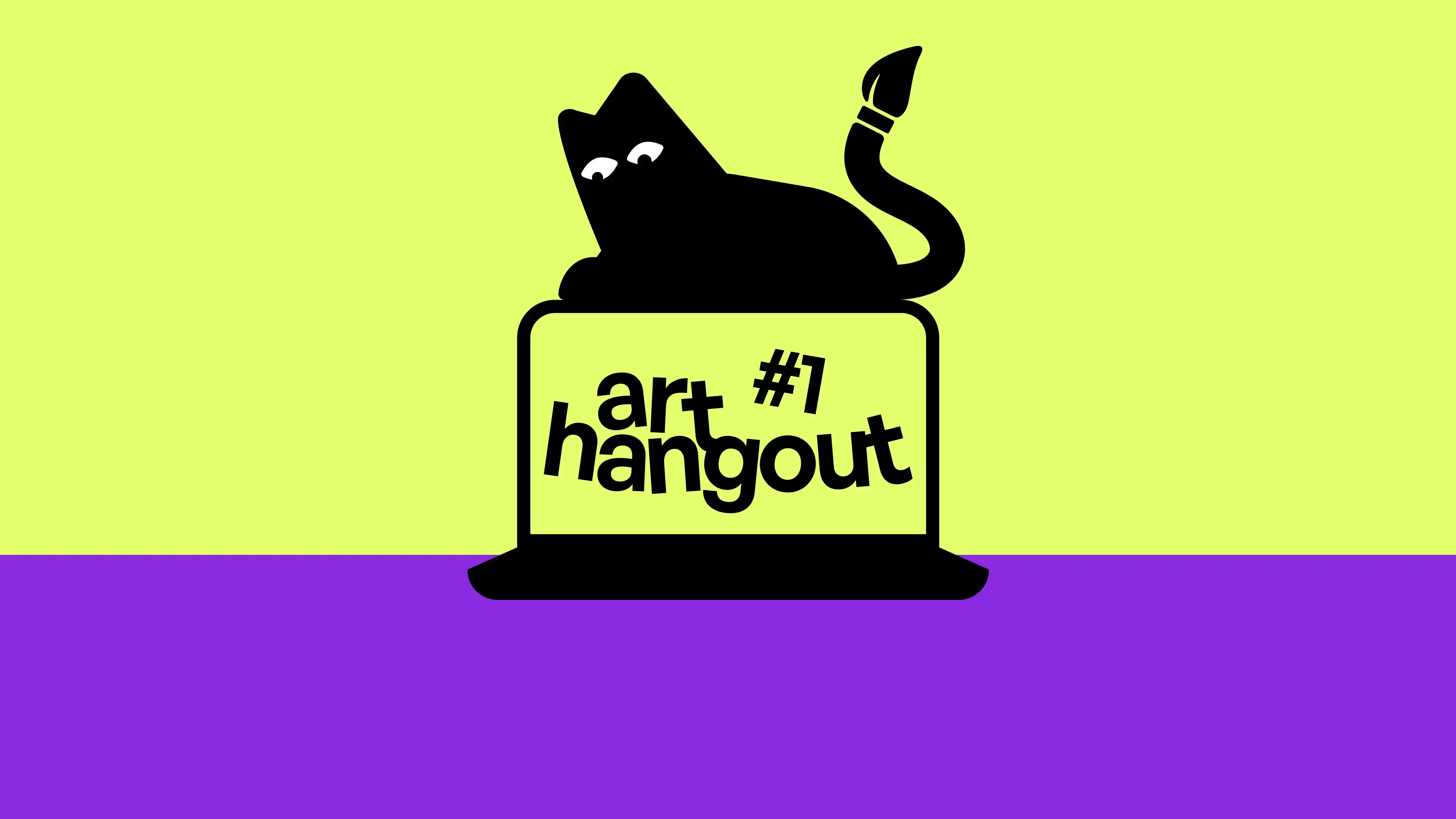 Die Kunstclubkatze sitzt auf einem Laptop, dessen Display das Event Art Hangout 1 ankündigt.