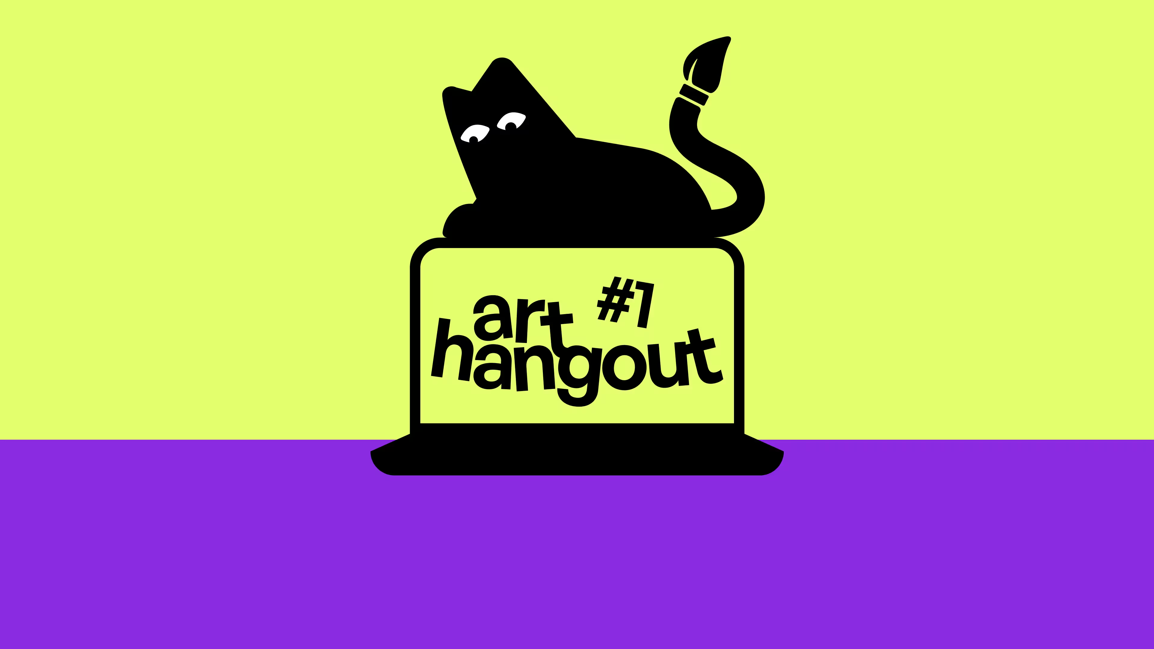Die Kunstclubkatze sitzt auf einem Laptop, dessen Display das Event Art Hangout 1 ankündigt.