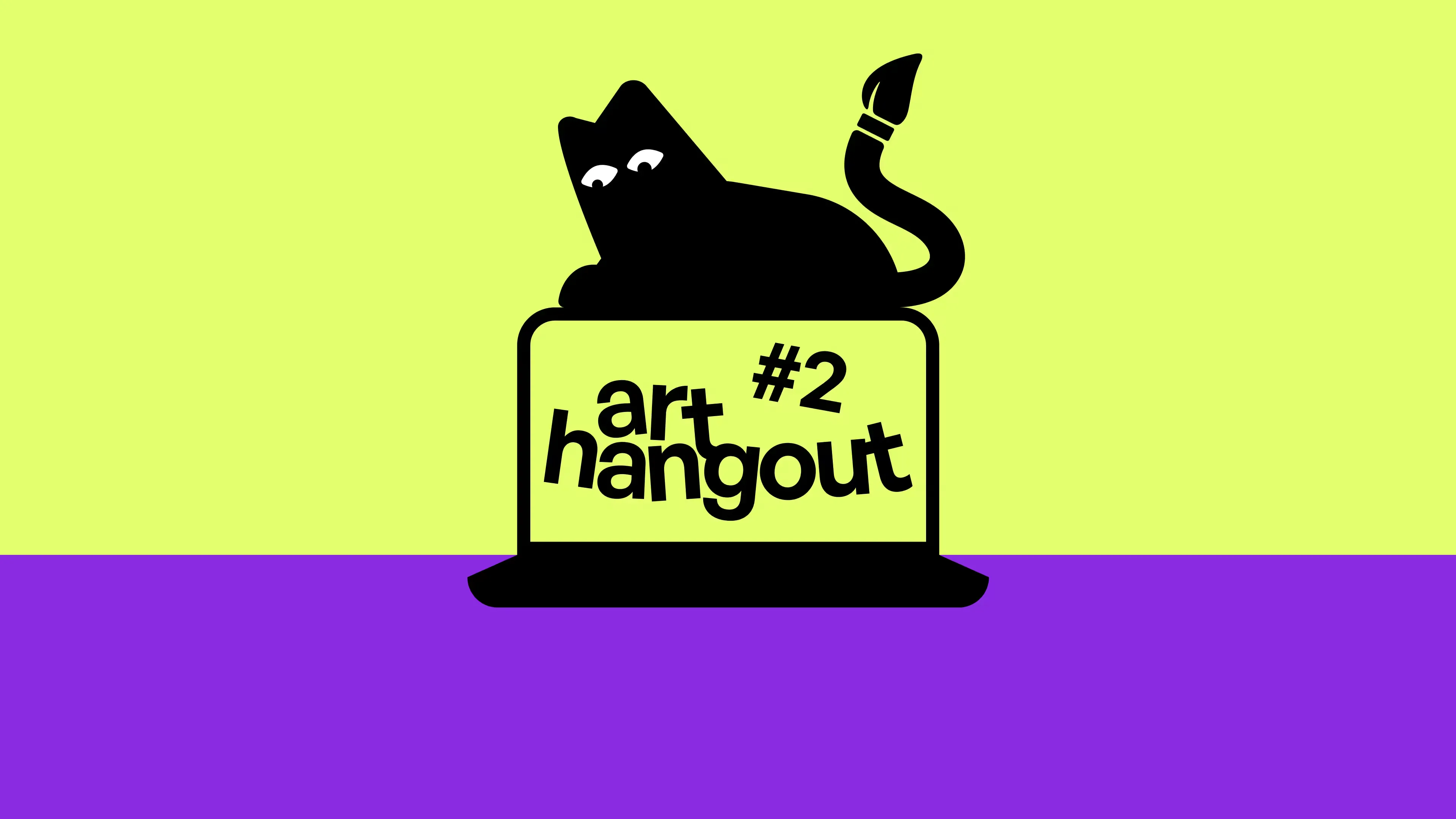 Die Kunstclubkatze sitzt auf einem Laptop, dessen Display das Event Art Hangout 2 ankündigt.