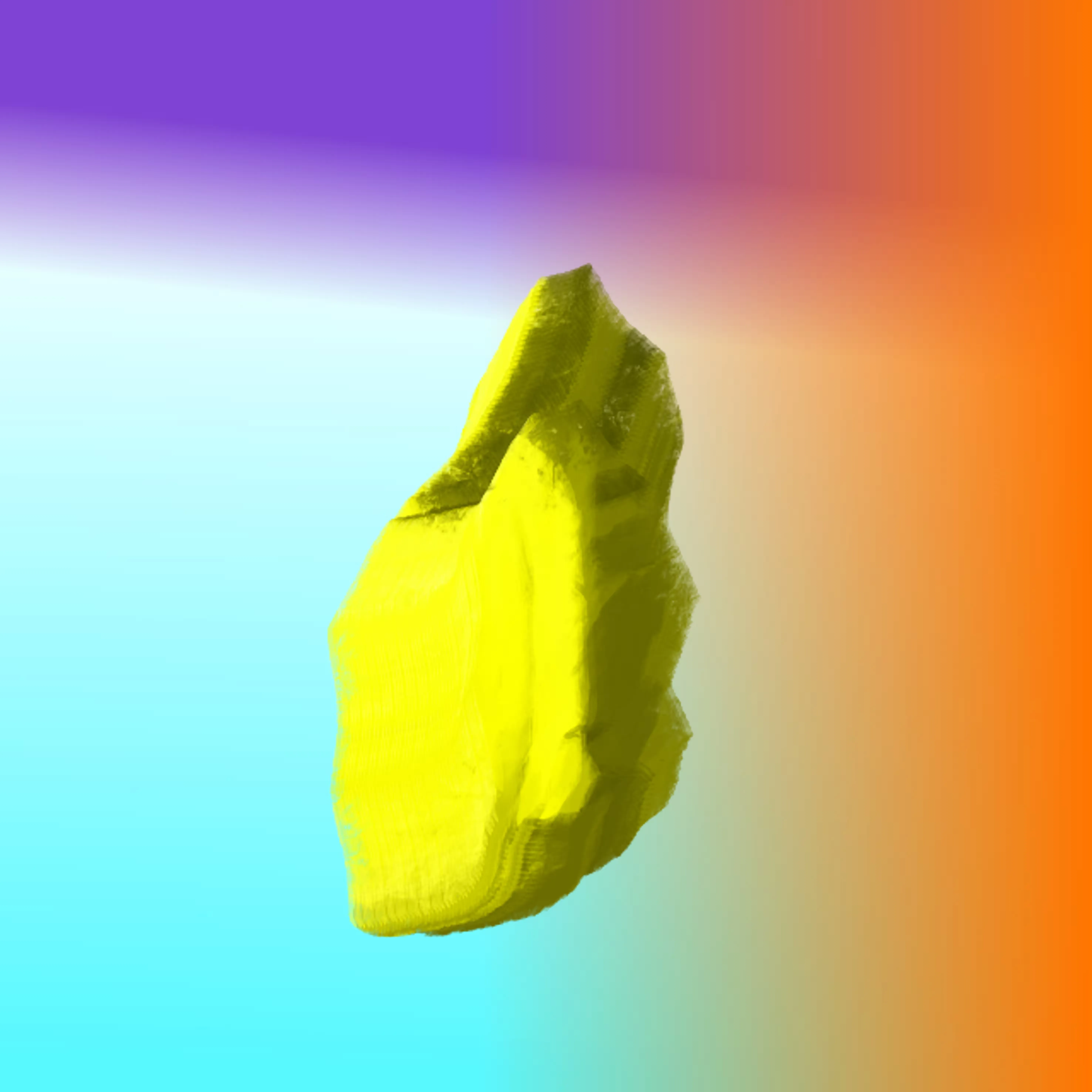 Das Werk 'Ausprobieren 442' von Till Chales de Beaulieu zeigt eine abstrakte, gelbe Form auf einem Hintergrund, dessen Farben einen Gradienten von violett und orange, hin zu türkis bilden.