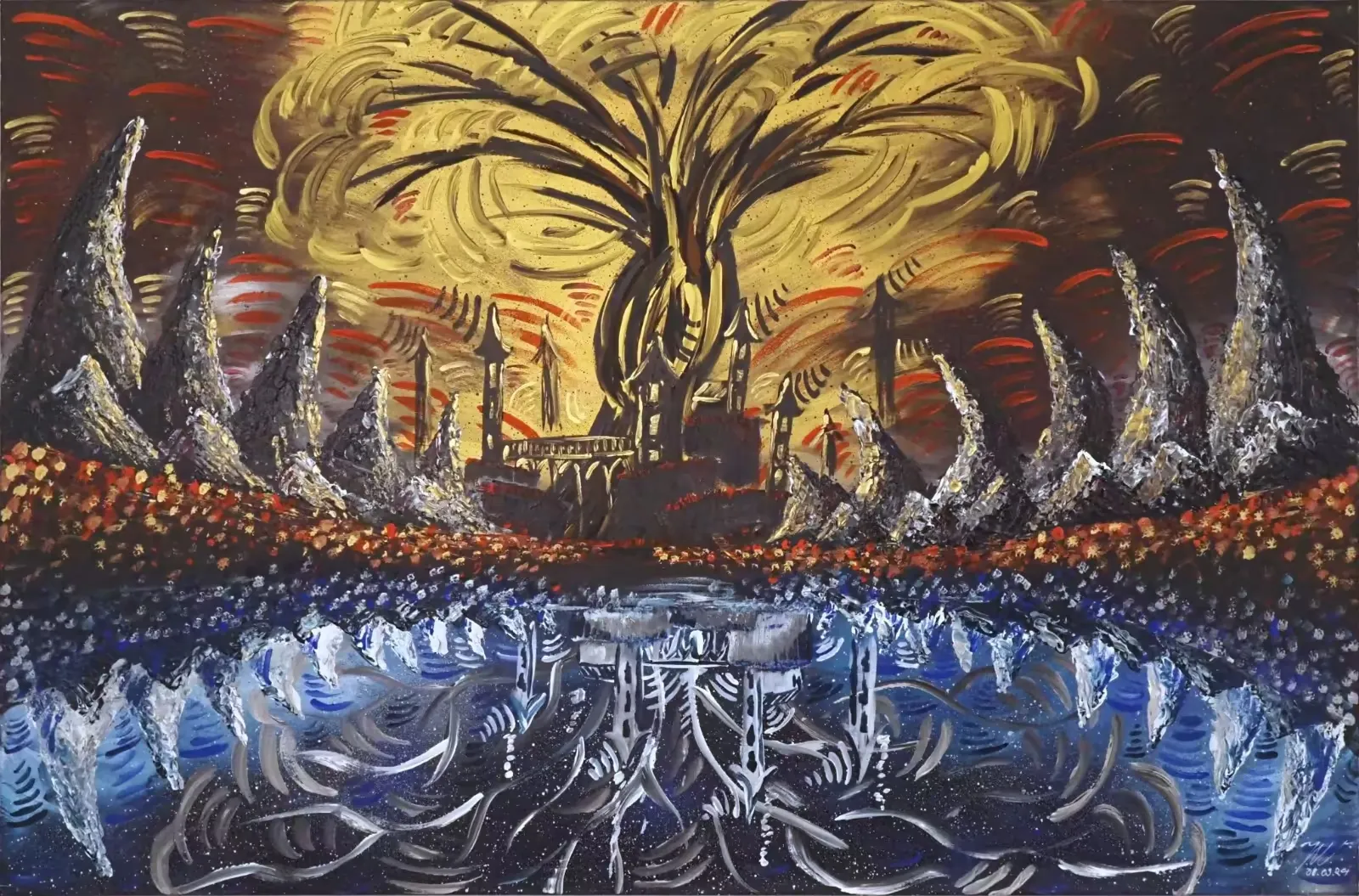 Julian Wesner — Bühnenbilder Werk des Künstlers Julian Wesner, das eine abstrakte Landschaft zeigt, in deren Mitte sich eine Festung in einem See spiegelt.
