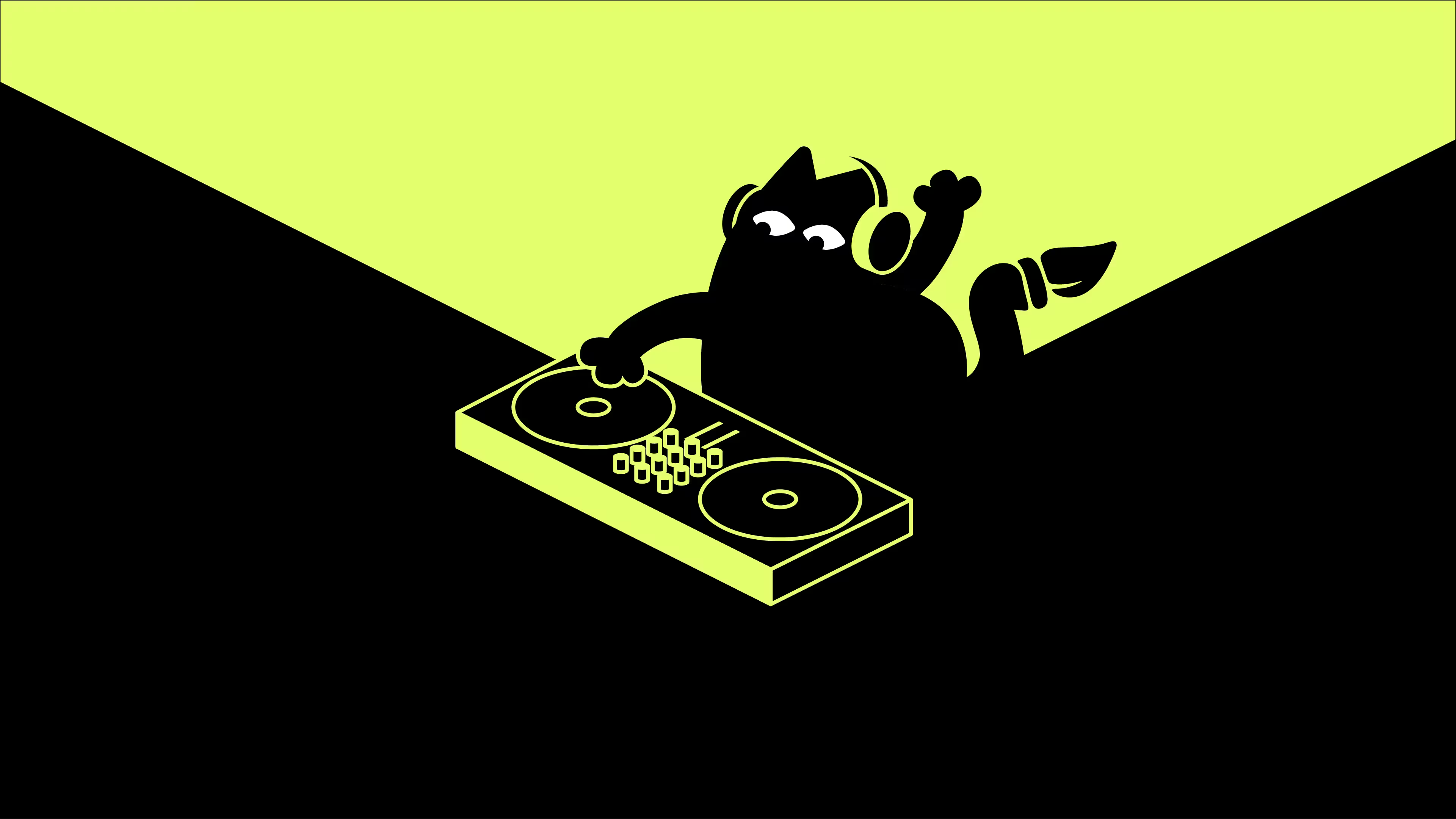 Die Maskottchen-Katze des Kunstclubs bedient ein DJ-Pult.